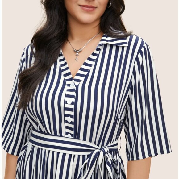 BloomChic Plus size 4XL Striped Belted Shirt Collar Button Up Dress us26 - Picture 3 of 5